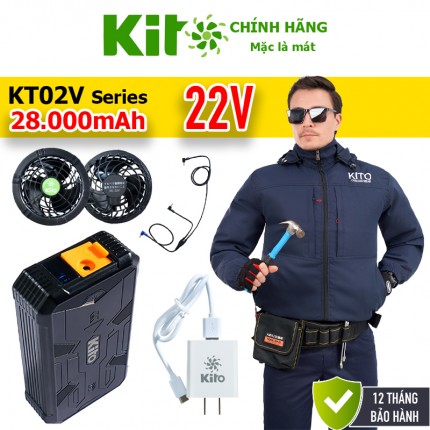 [2 Áo KITO + 1 Bộ Quạt 22V] Chính Hãng Pin 28.000mAh Chạy 10 - 20 Giờ, Áo Có Mũ 4 Màu BH 12 Tháng